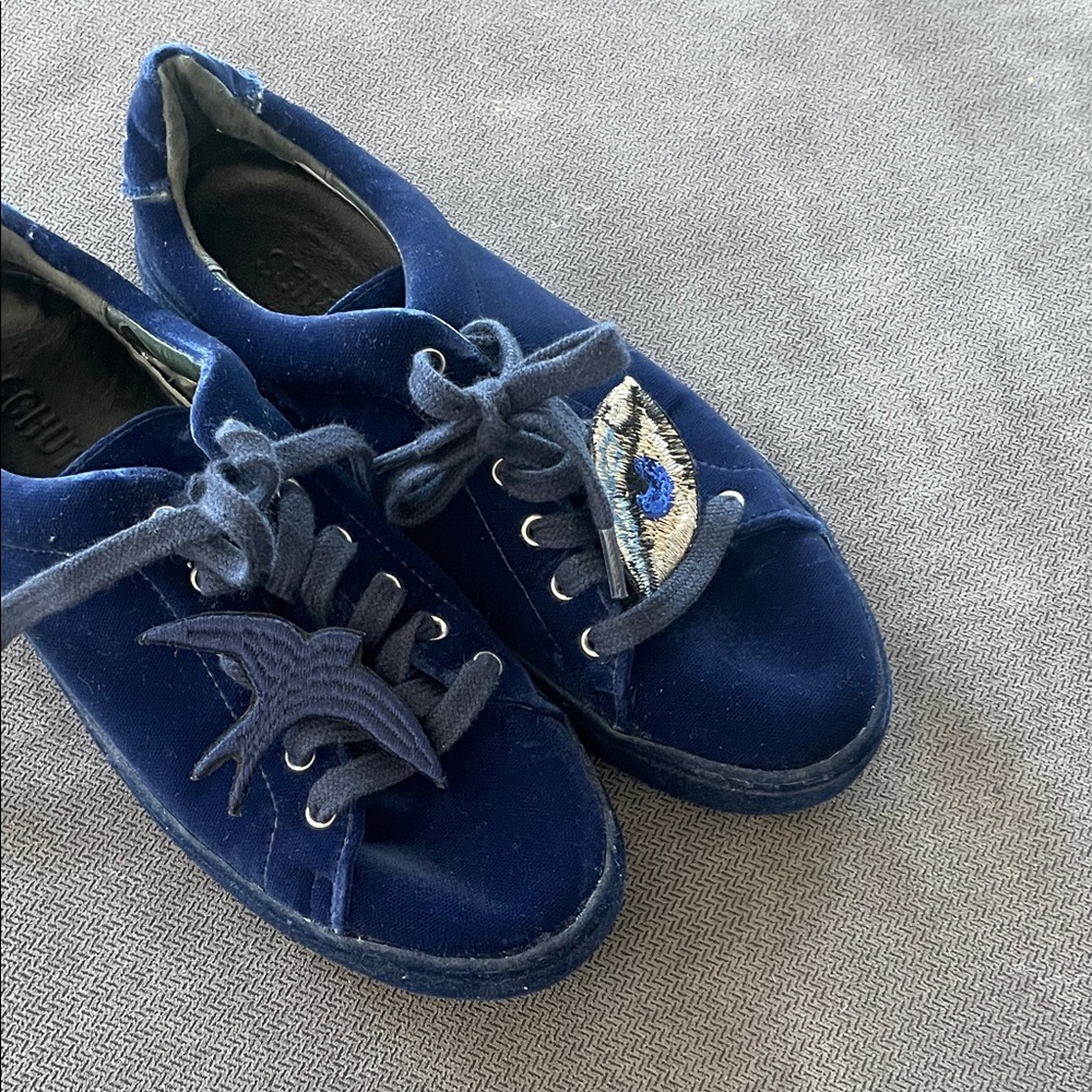SCHUTZ Velvet Navy Lace-Up Sneakers with Embroidered Eye Appliqué